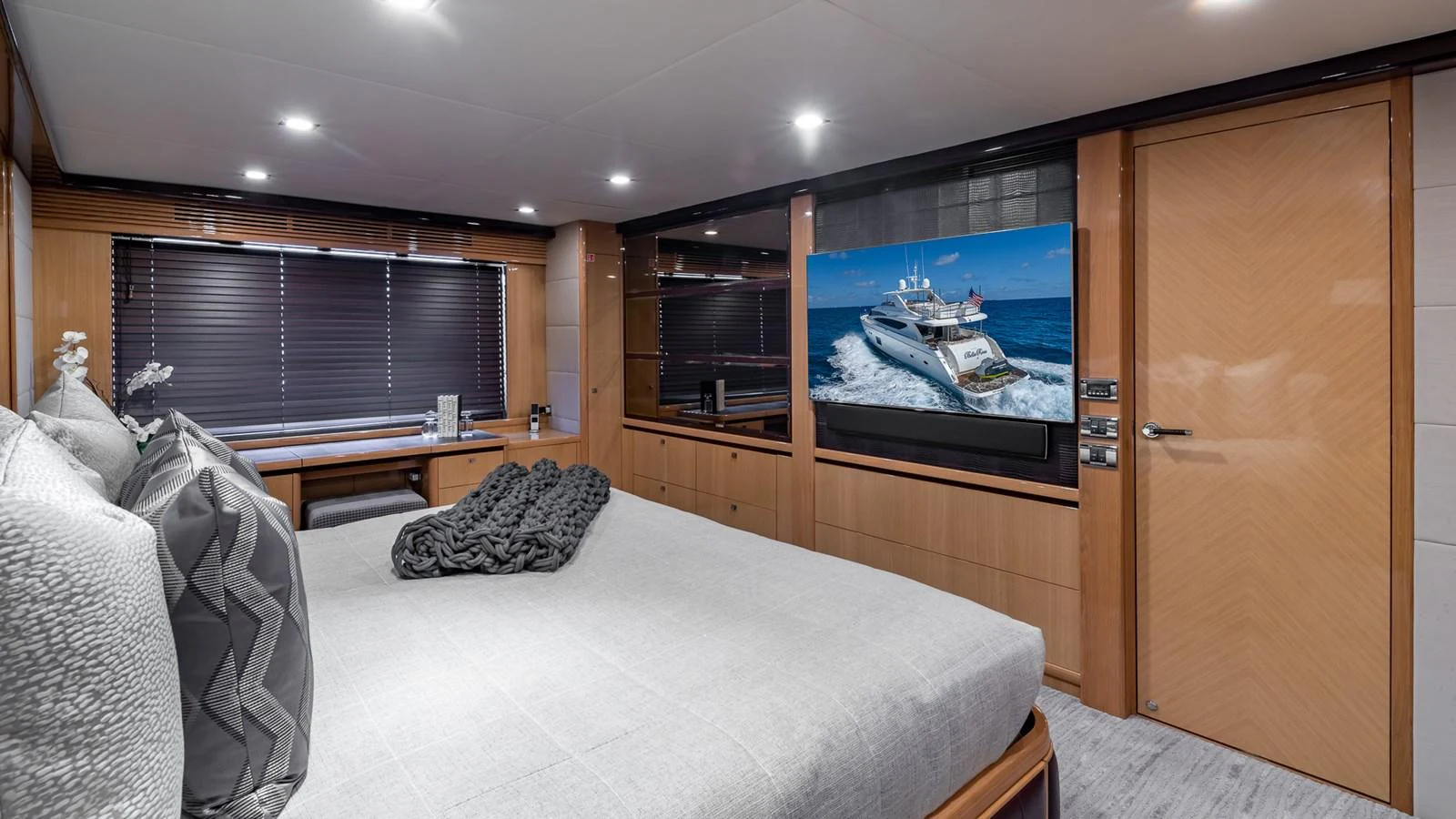 a bed in a room aboard LADY COPE Yacht for Sale