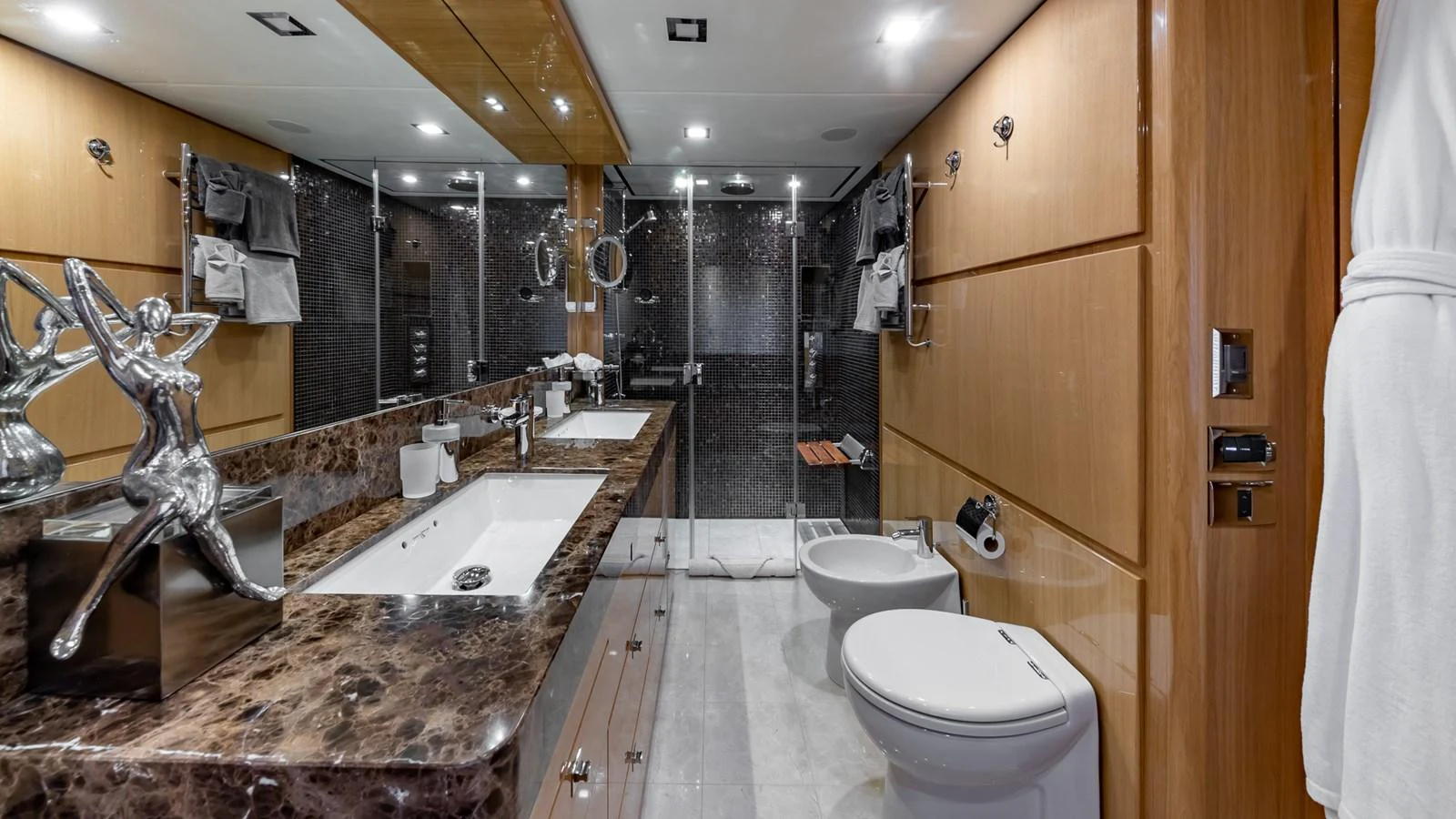 a bathroom with marble counter tops aboard LADY COPE Yacht for Sale