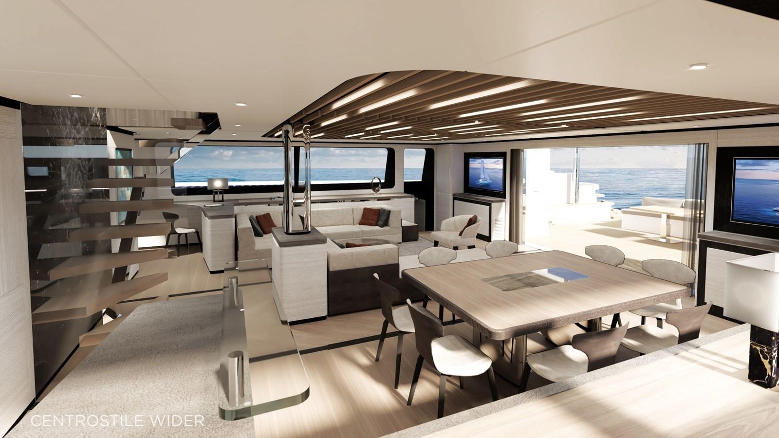 a room with a large window and a table with chairs and a tv aboard ECO YACHT 145' Yacht for Sale