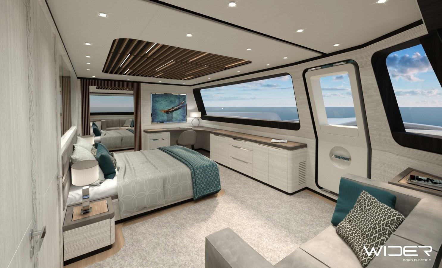 a room with a bed and a television aboard ECO YACHT 145' Yacht for Sale