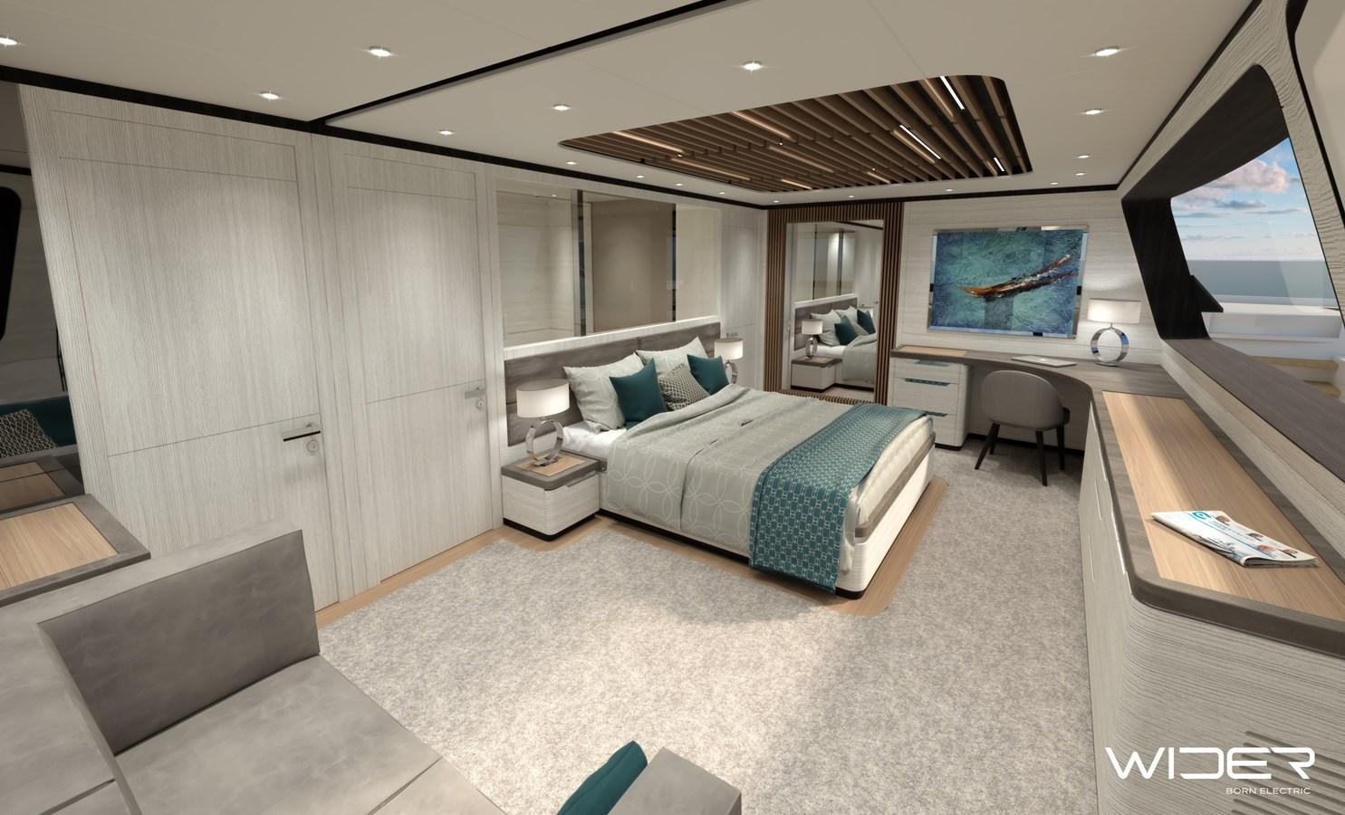 a room with a bed and a desk aboard ECO YACHT 145' Yacht for Sale