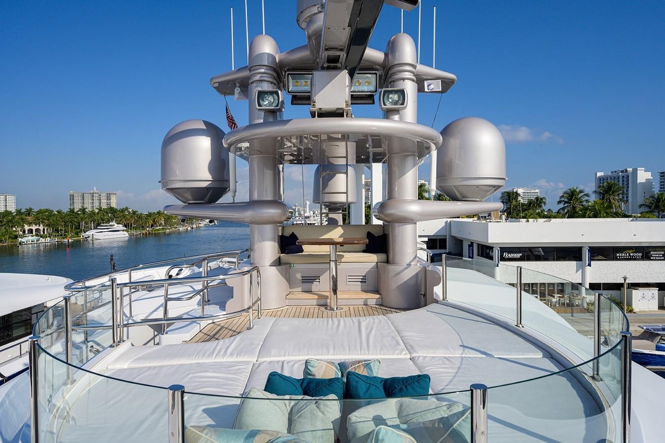 a large metal structure with a satellite dish on top aboard STARSHIP Yacht for Charter