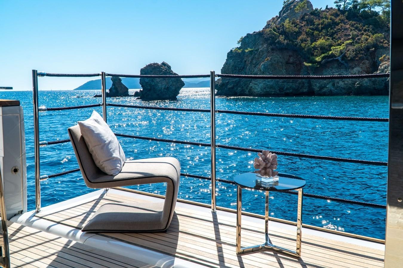 a cat sitting on a chair on a boat aboard ARES Yacht for Sale