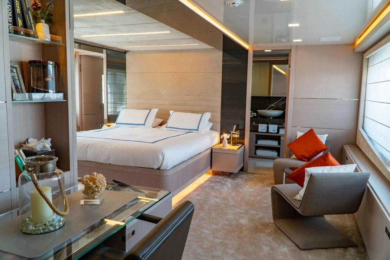 a modern looking living room aboard ARES Yacht for Sale