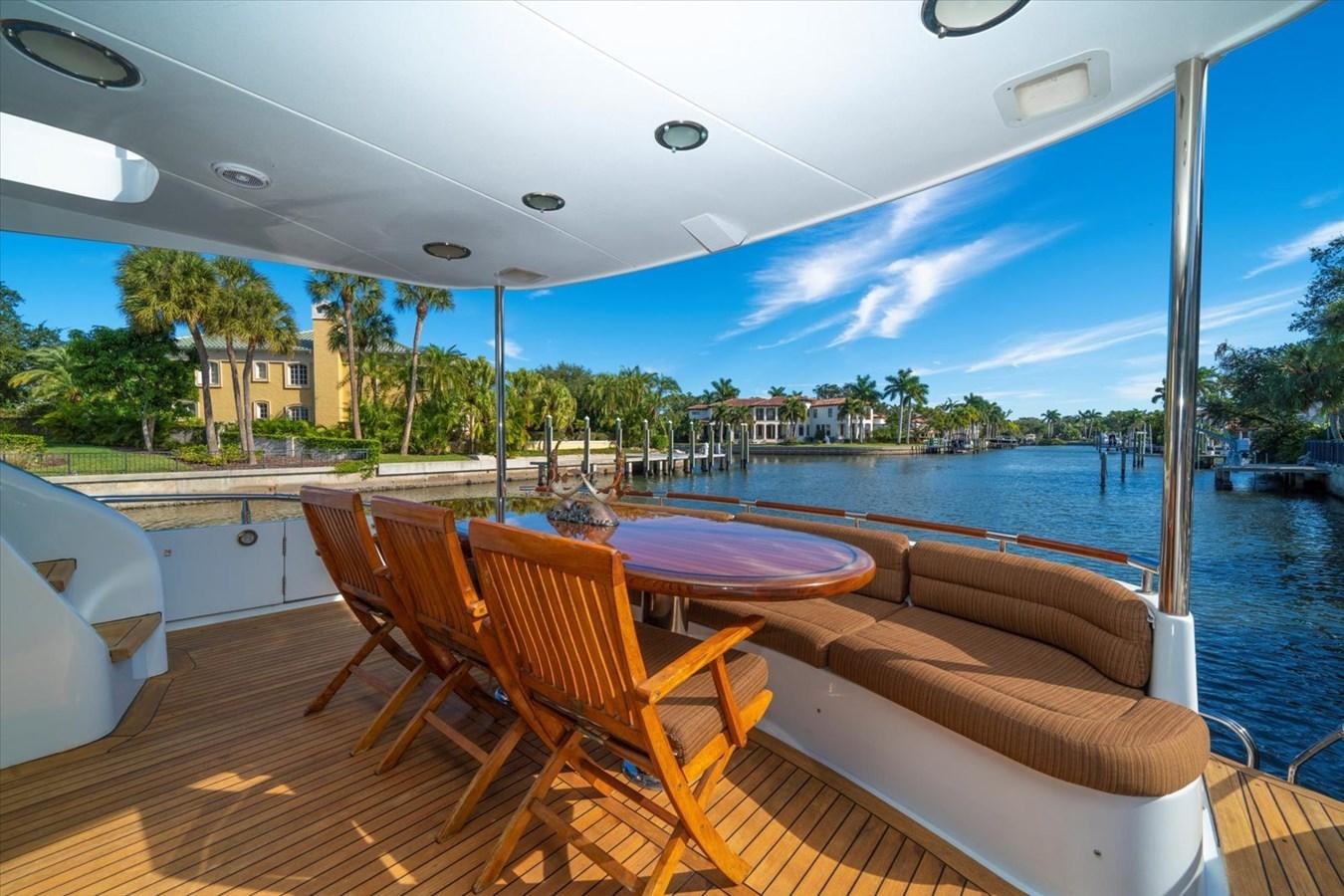 a deck with chairs and a table on it aboard GOLDEN LADY Yacht for Sale