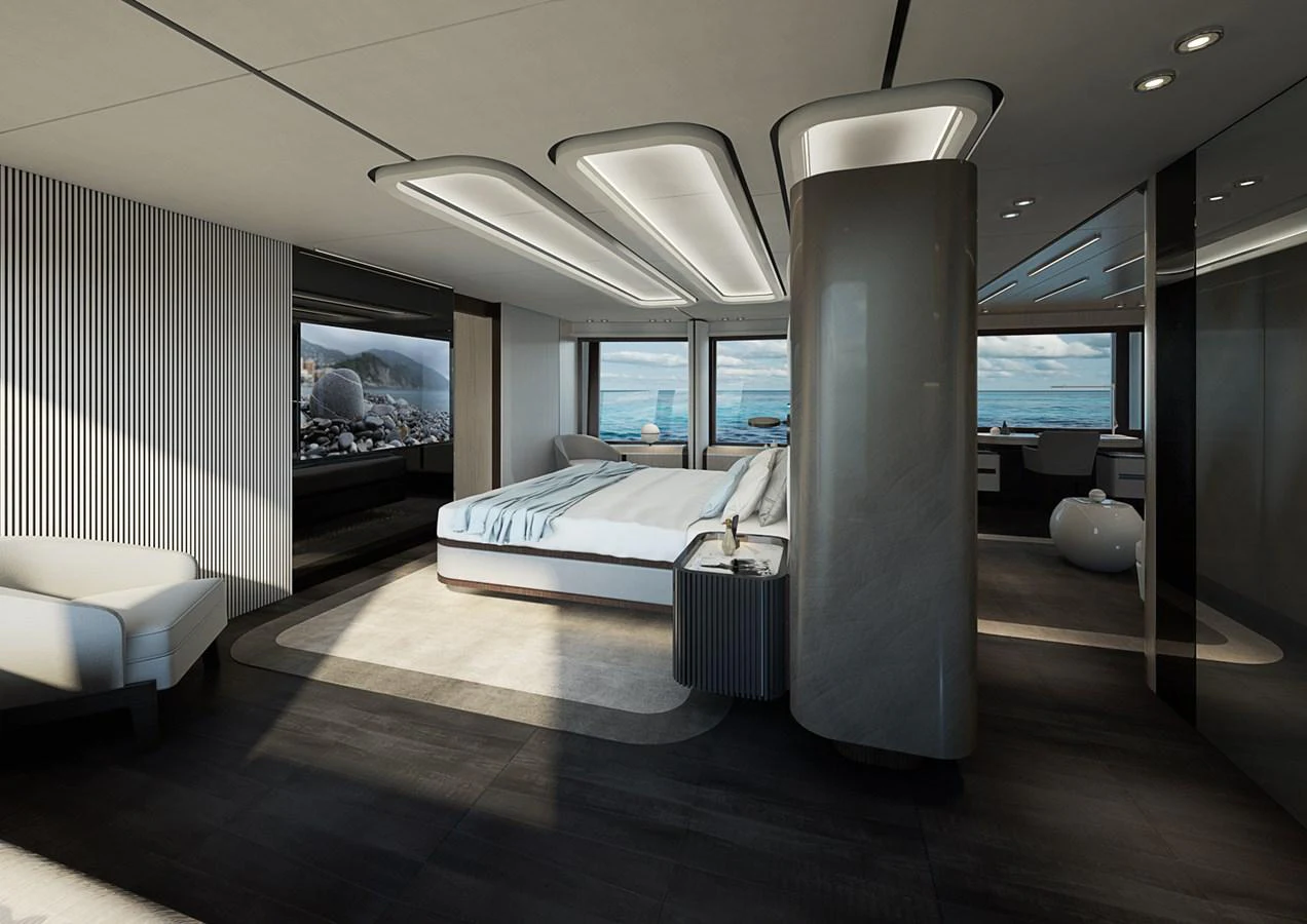 a room with a large window and a bed aboard COLUMBUS CROSSOVER 42/01 Yacht for Sale