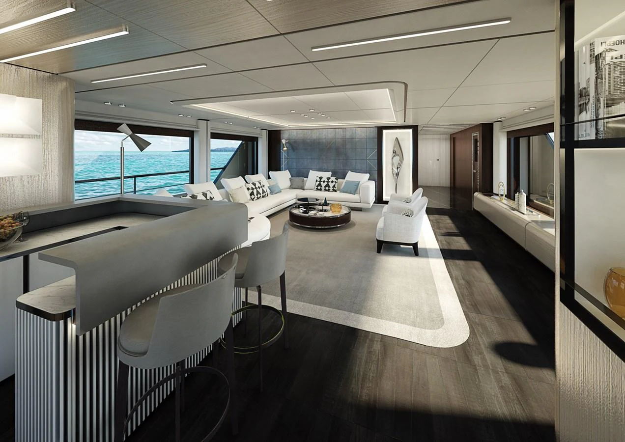 a room with a large window and a table with chairs aboard COLUMBUS CROSSOVER 42/01 Yacht for Sale