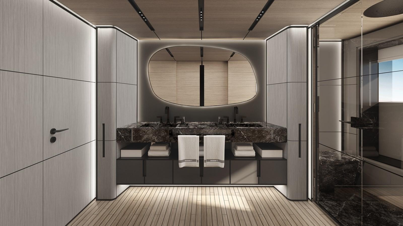 a bathroom with a marble counter top aboard ISA GT 33 Yacht for Sale