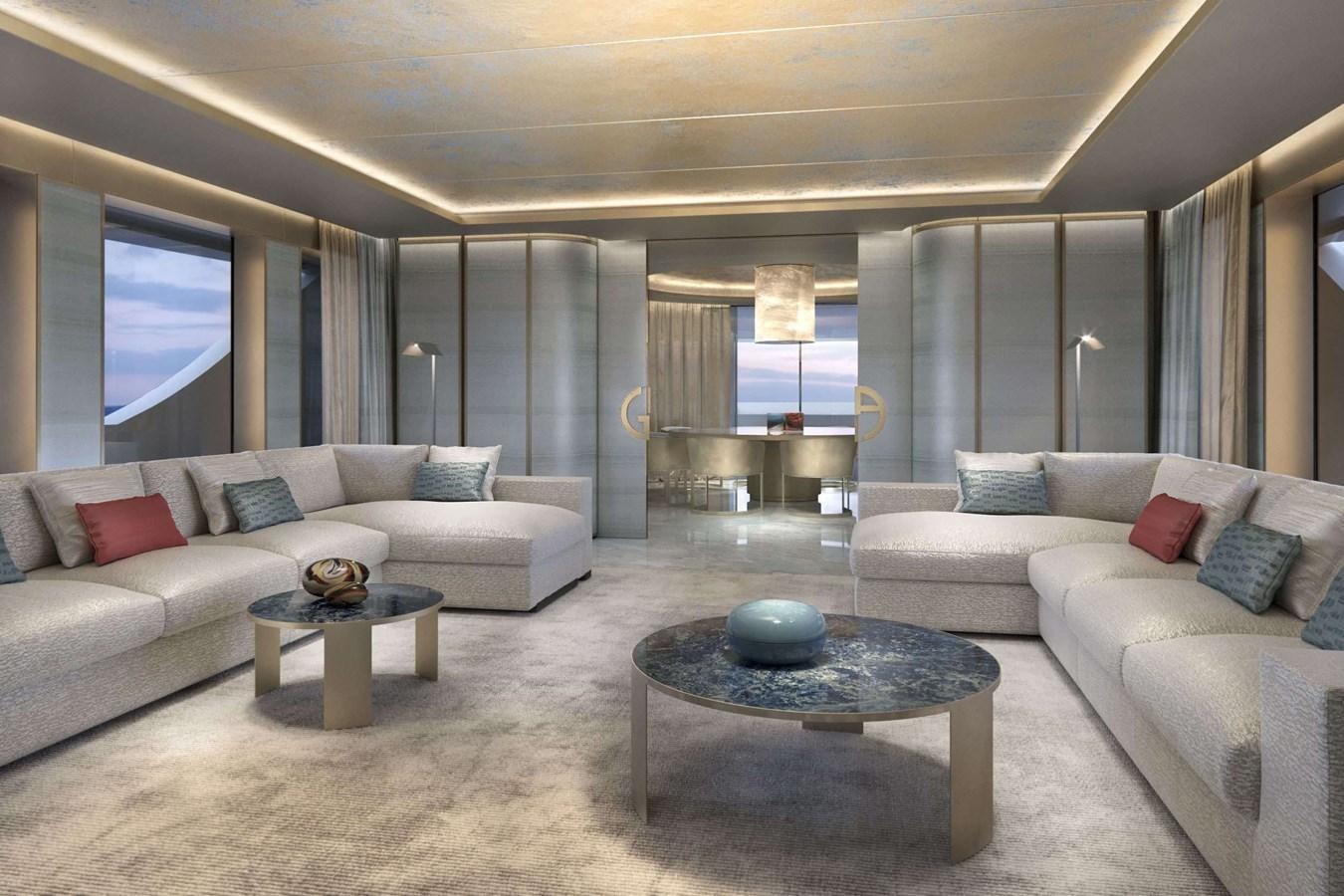 a living room with a white couch and a table aboard ADMIRAL 55 S-FORCE PROJECT SILVER STAR Yacht for Sale