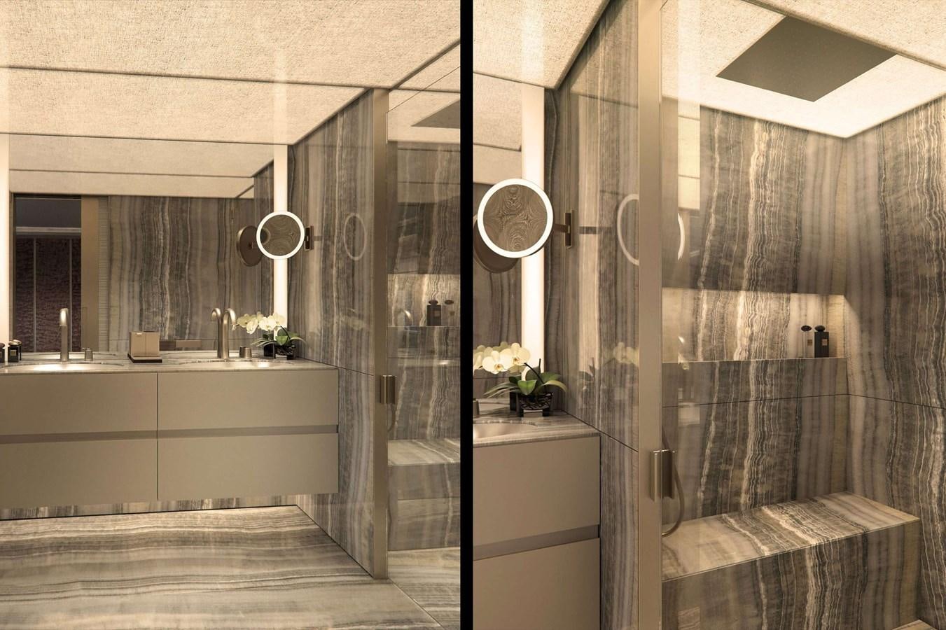 a bathroom with a glass shower aboard ADMIRAL 55 S-FORCE PROJECT SILVER STAR Yacht for Sale
