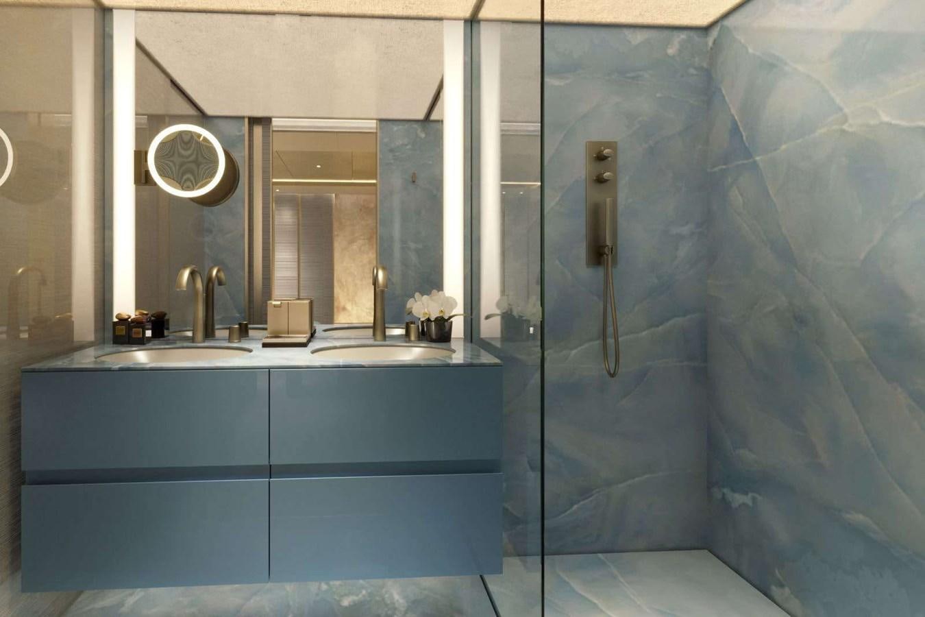a bathroom with a sink and a mirror aboard ADMIRAL 55 S-FORCE PROJECT SILVER STAR Yacht for Sale