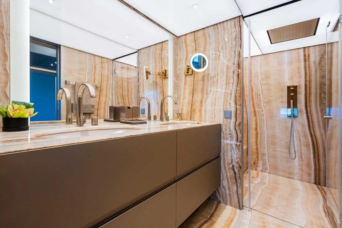 a bathroom with a sink and a shower aboard SILVER STAR I Yacht for Sale
