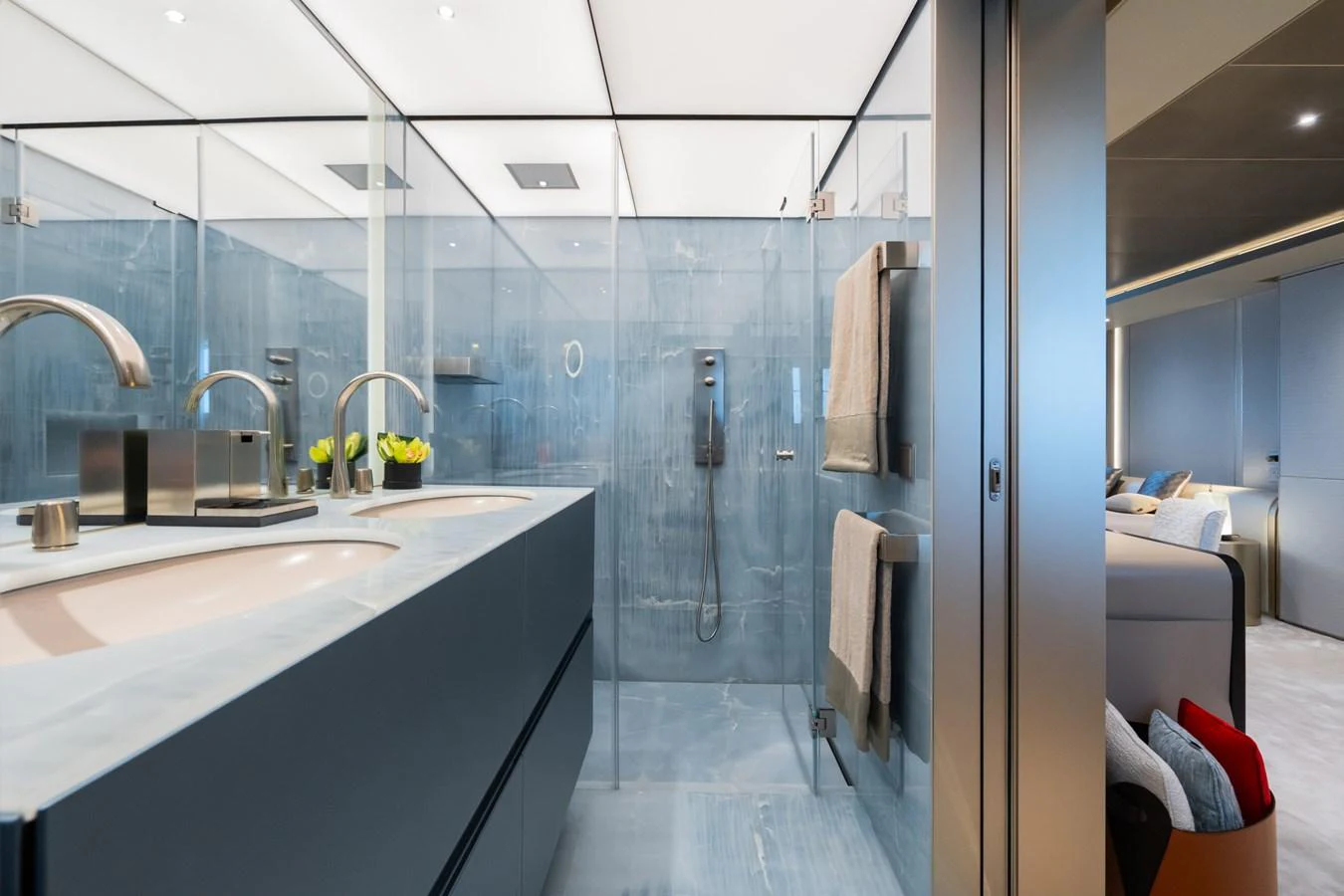 a bathroom with a sink and a mirror aboard SILVER STAR I Yacht for Sale