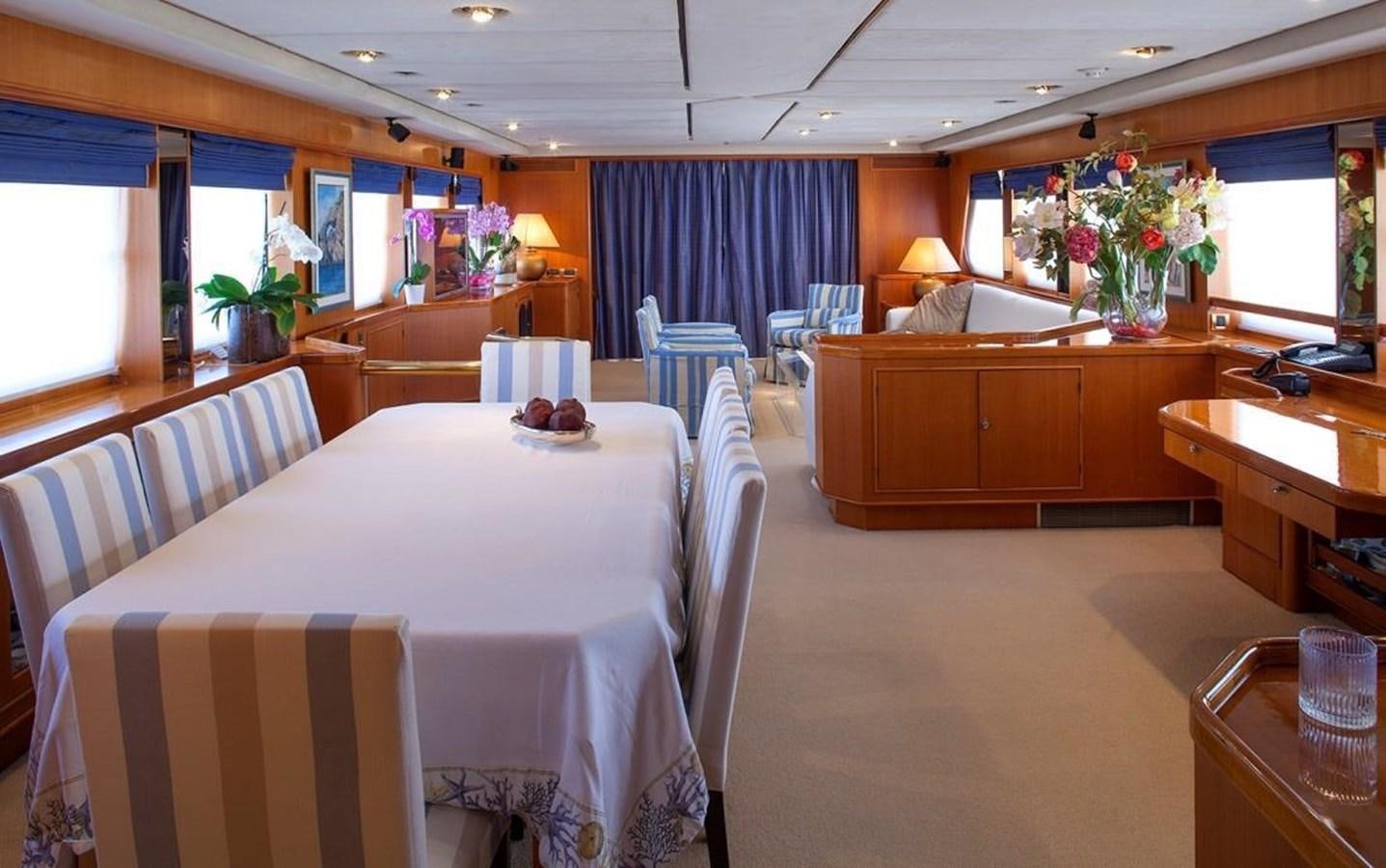 a room with tables and chairs aboard ARMATHIA Yacht for Sale