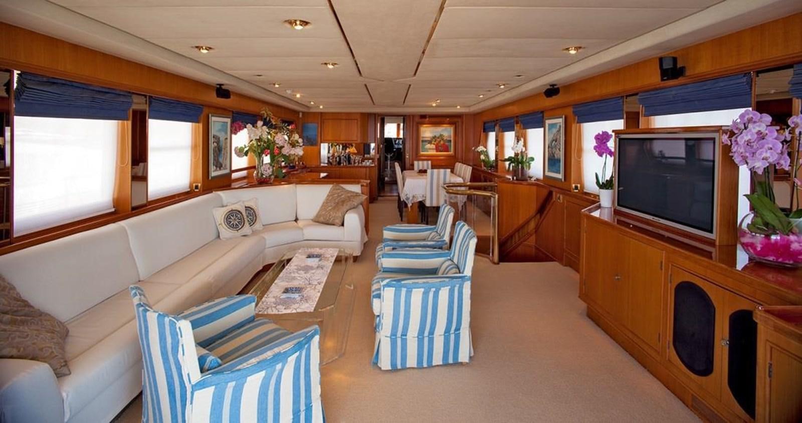 a living room with a tv and furniture aboard ARMATHIA Yacht for Sale