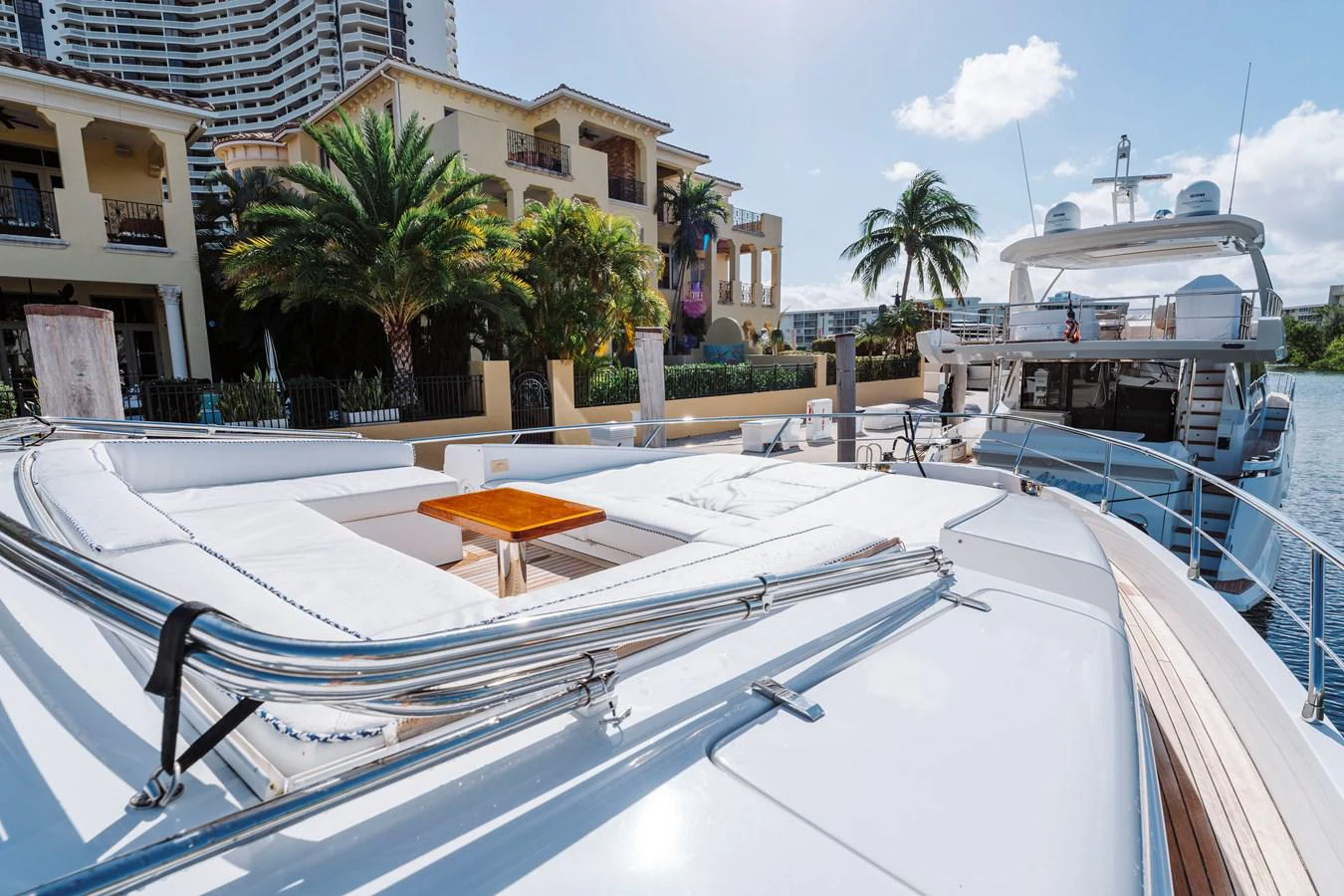 a large white boat on a deck aboard RESET Yacht for Sale