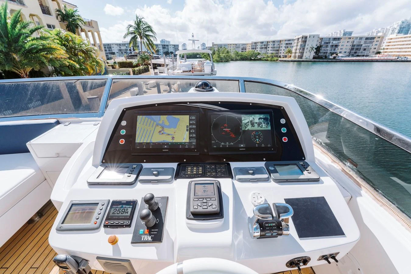 a dashboard of a car on a boat aboard RESET Yacht for Sale