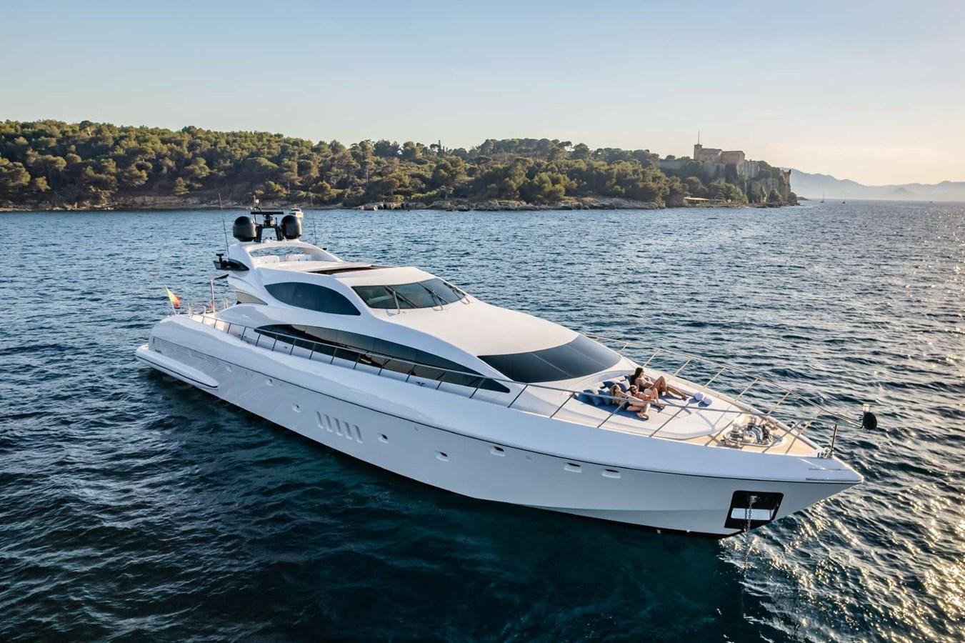 a white yacht on the water aboard STORM Yacht for Sale