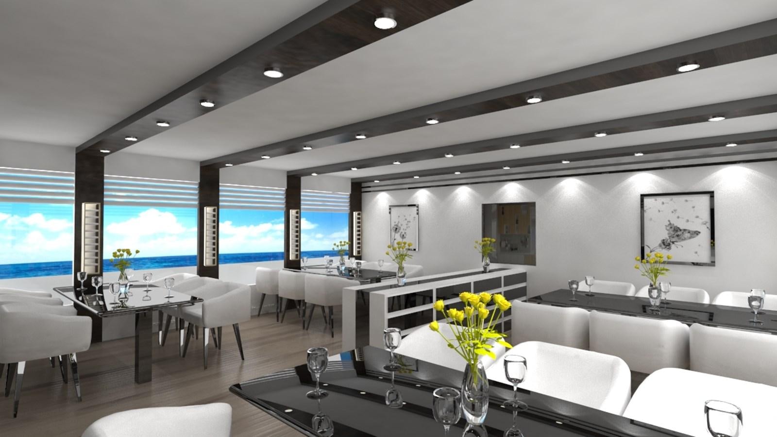 a room with white chairs and a table with flowers in it aboard 42 M YATCH Yacht for Sale