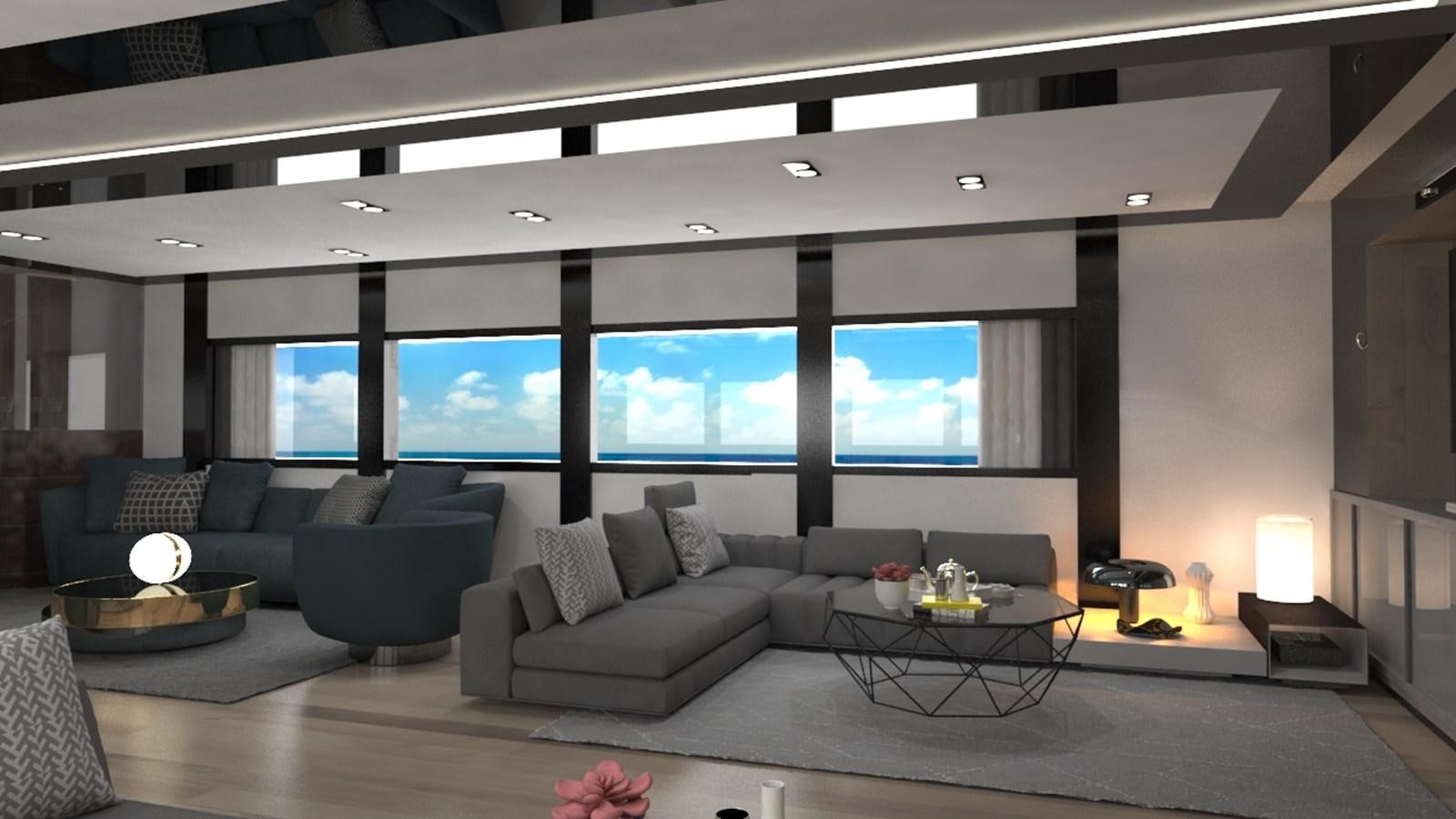 a living room with a large screen aboard 42 M YATCH Yacht for Sale