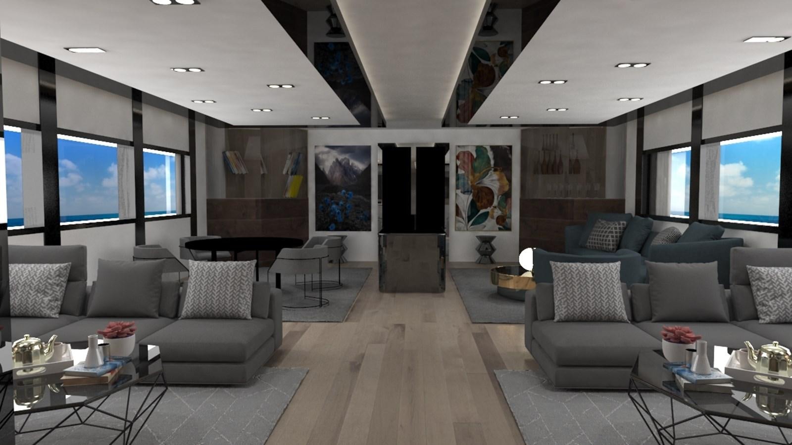 a living room with a large screen aboard 42 M YATCH Yacht for Sale