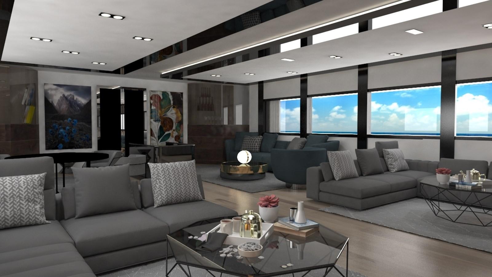 a living room with a large screen aboard 42 M YATCH Yacht for Sale