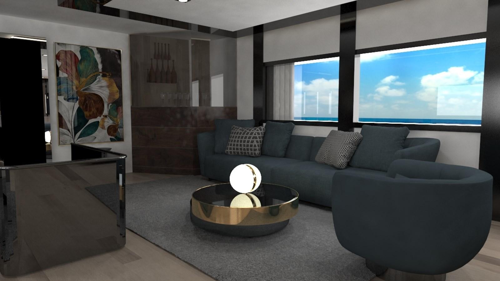 a living room with a large screen aboard 42 M YATCH Yacht for Sale