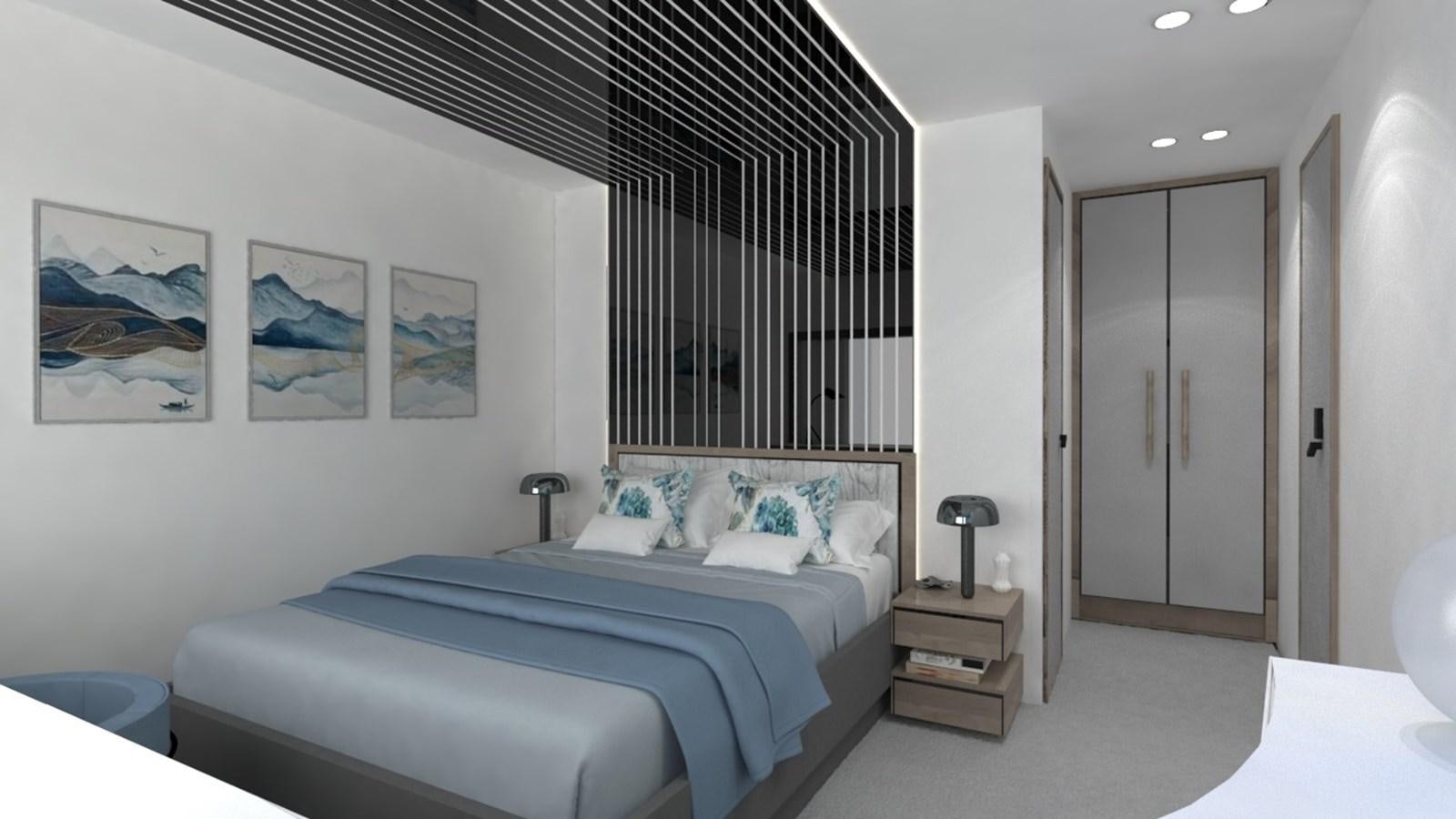 a bedroom with a black and white wall aboard 42 M YATCH Yacht for Sale