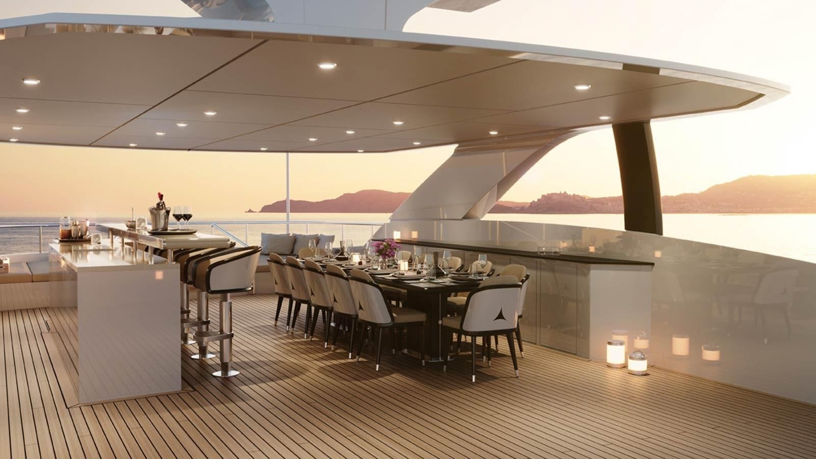 a large room with tables and chairs aboard ALP Yacht for Sale