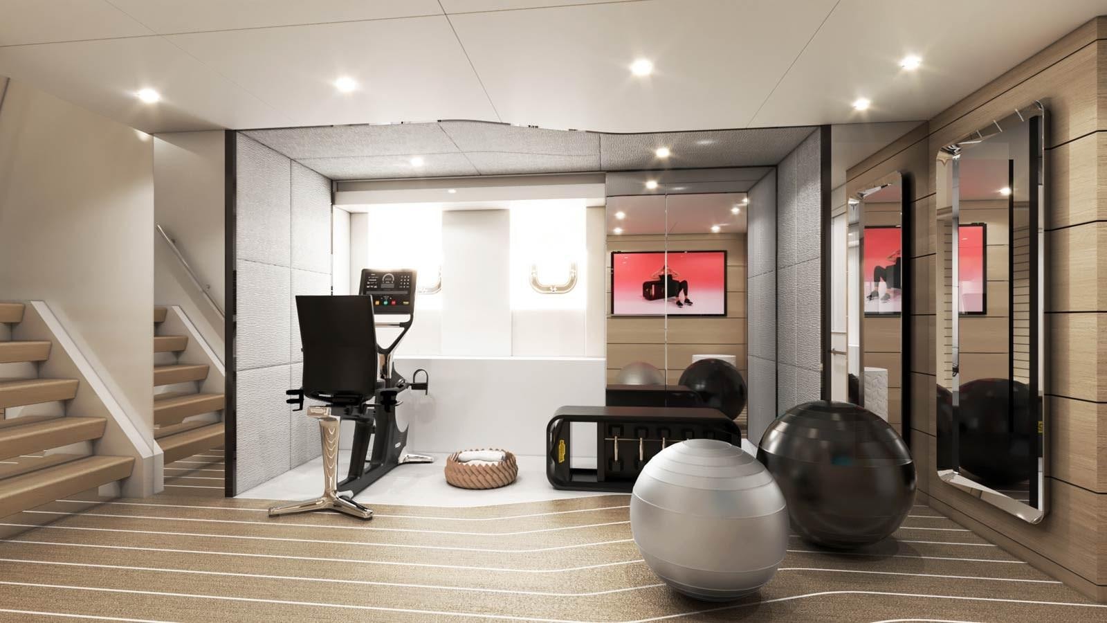 a room with a piano and a staircase aboard ALP Yacht for Sale