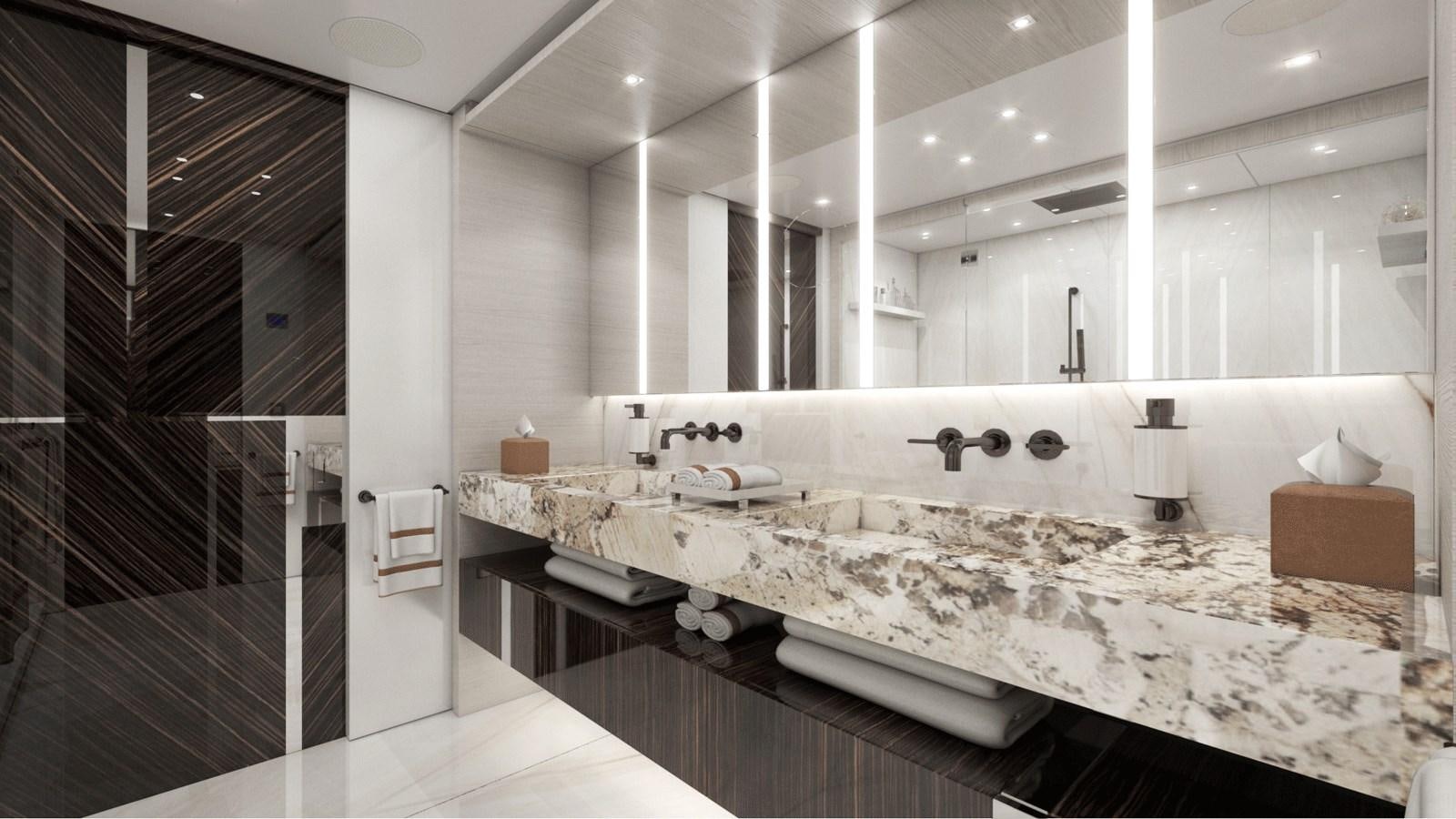 a large bathroom with a large countertop aboard ALP Yacht for Sale