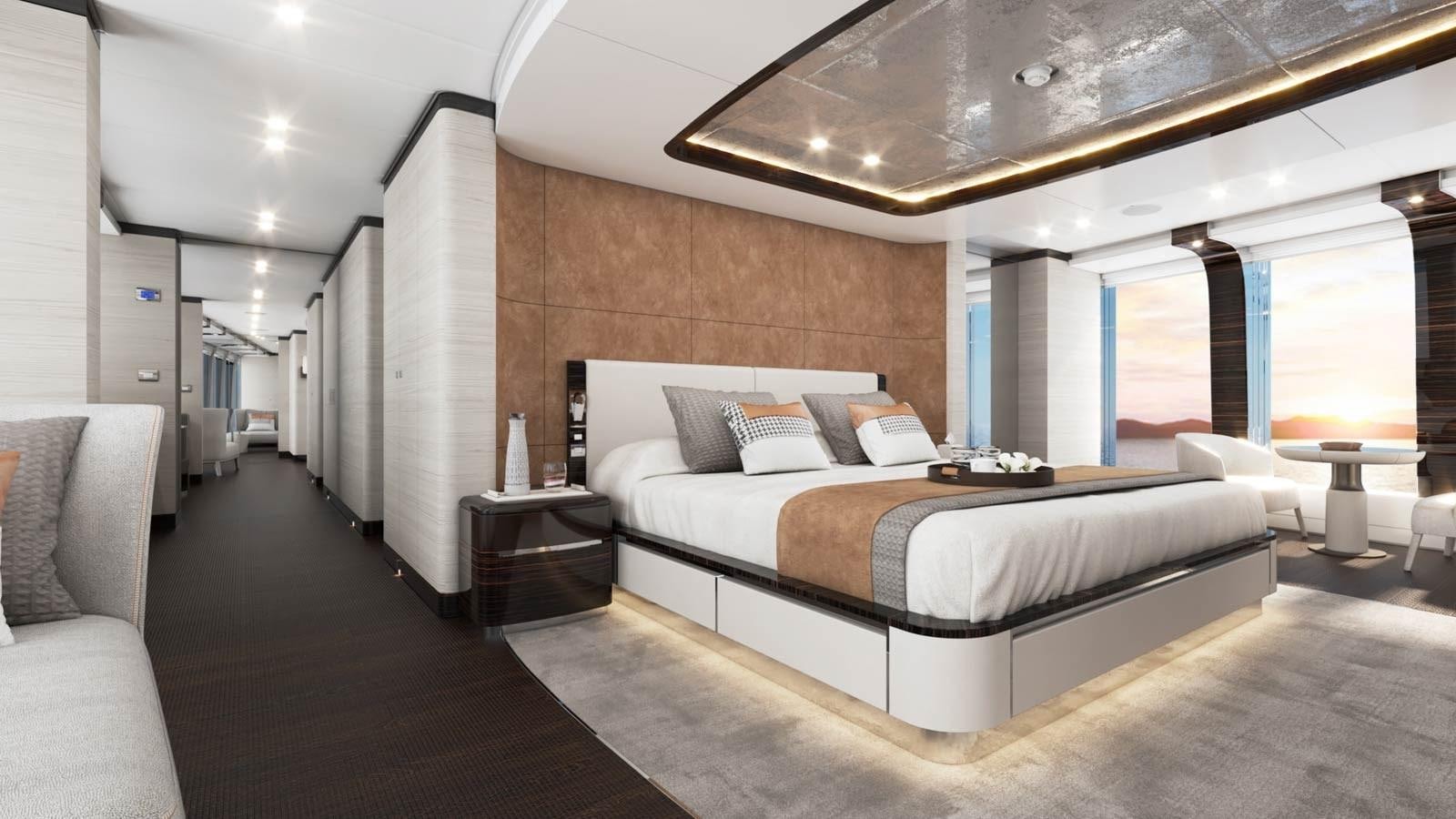 a large bed in a room aboard ALP Yacht for Sale