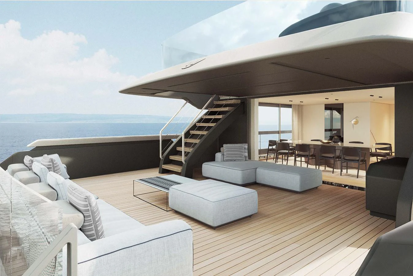 a large living room with a large balcony and a large body of water aboard LORI Yacht for Sale