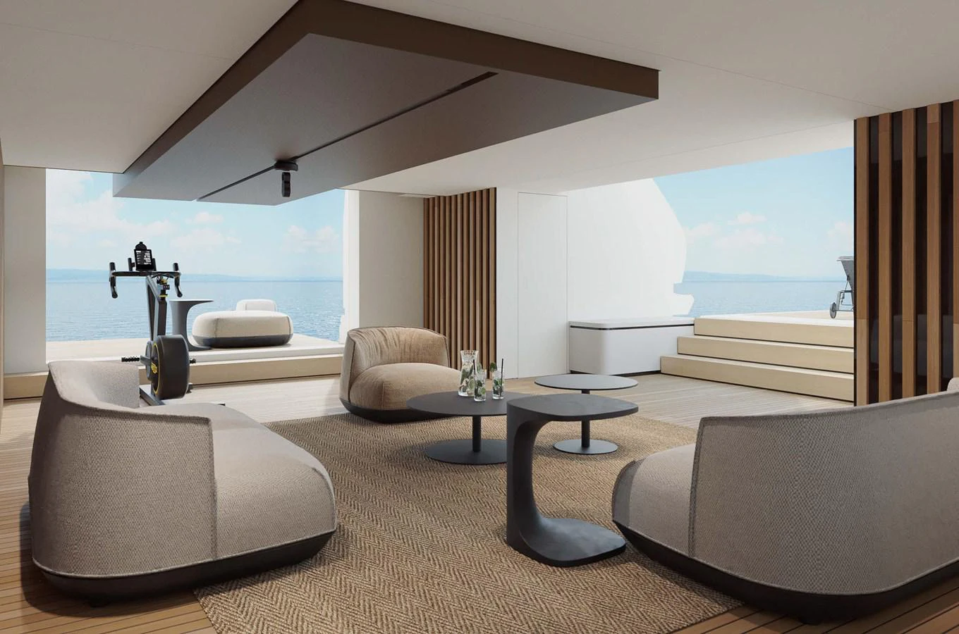 a living room with a large window aboard LORI Yacht for Sale