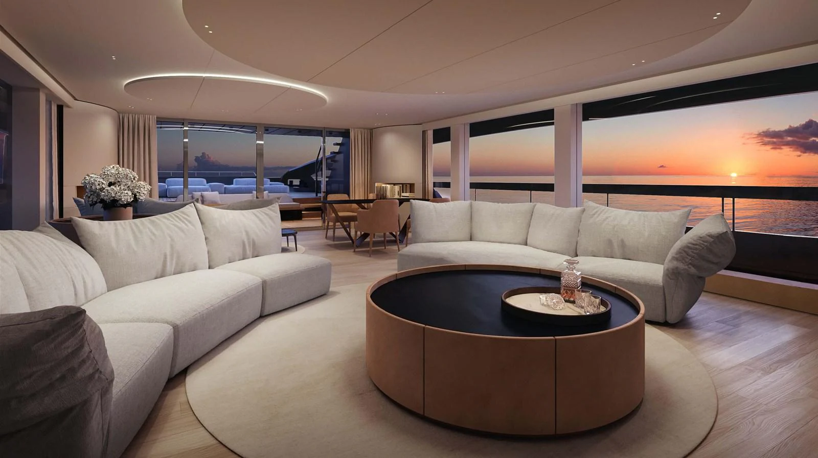 a living room with a large window aboard LORI Yacht for Sale