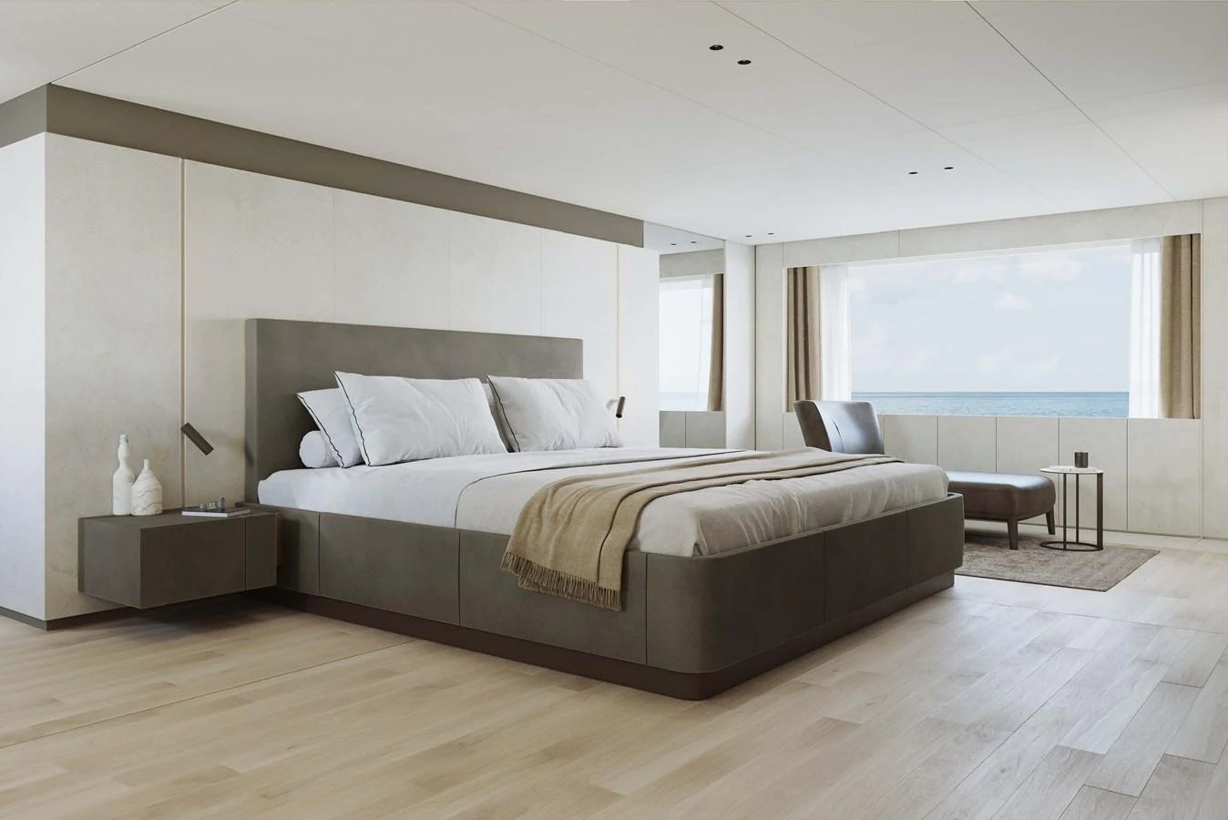 a large bedroom with a large bed aboard LORI Yacht for Sale