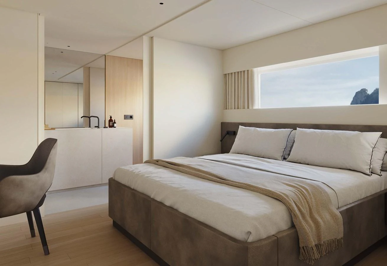 a bed in a room aboard LORI Yacht for Sale