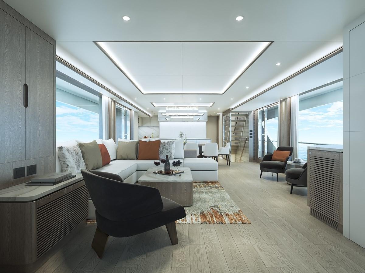 a living room with a couch and a table aboard HORIZON FD90/30 Yacht for Sale
