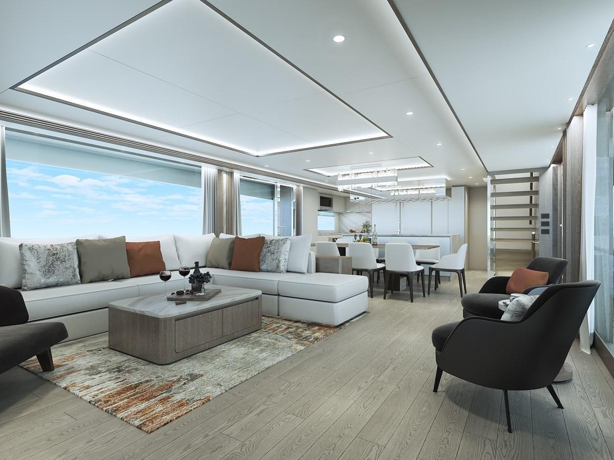 a living room with a large window aboard HORIZON FD90/30 Yacht for Sale