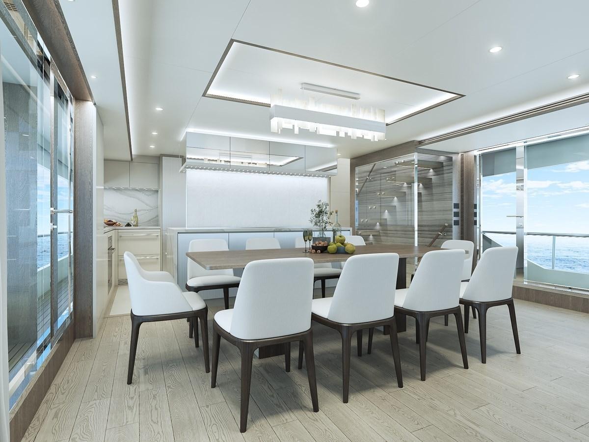 a room with a table and chairs aboard HORIZON FD90/30 Yacht for Sale