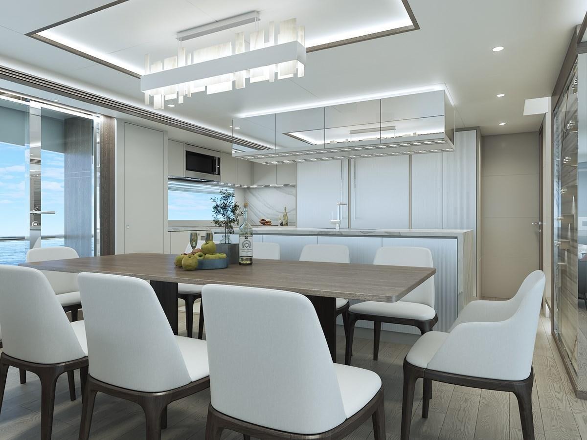 a room with white chairs and a table with white chairs aboard HORIZON FD90/30 Yacht for Sale