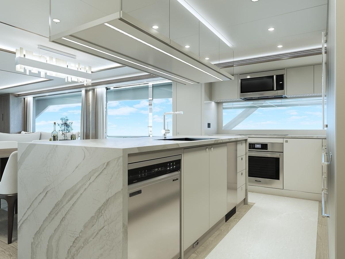 a kitchen with a large window aboard HORIZON FD90/30 Yacht for Sale