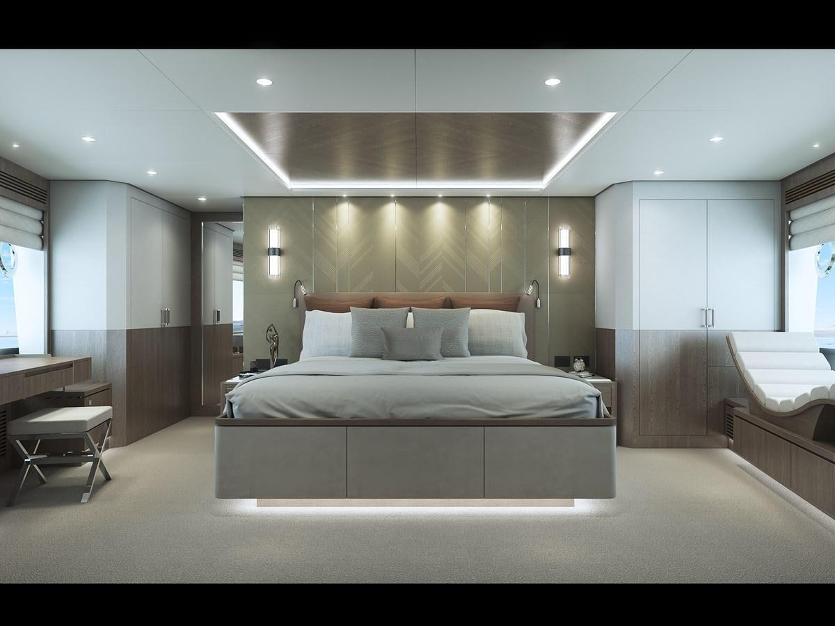a large bedroom with a large bed aboard HORIZON FD90/30 Yacht for Sale