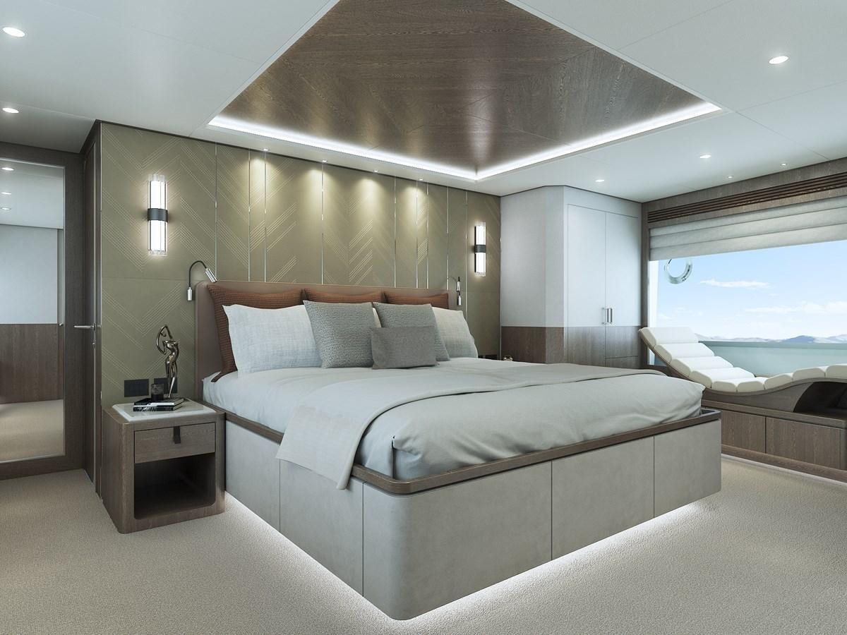 a large bed in a room aboard HORIZON FD90/30 Yacht for Sale