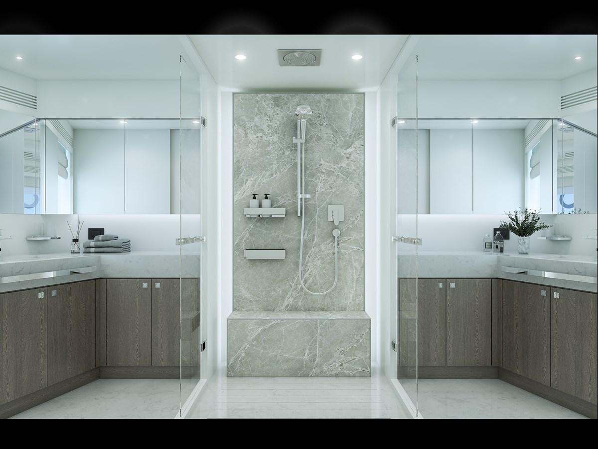 a bathroom with a glass shower aboard HORIZON FD90/30 Yacht for Sale