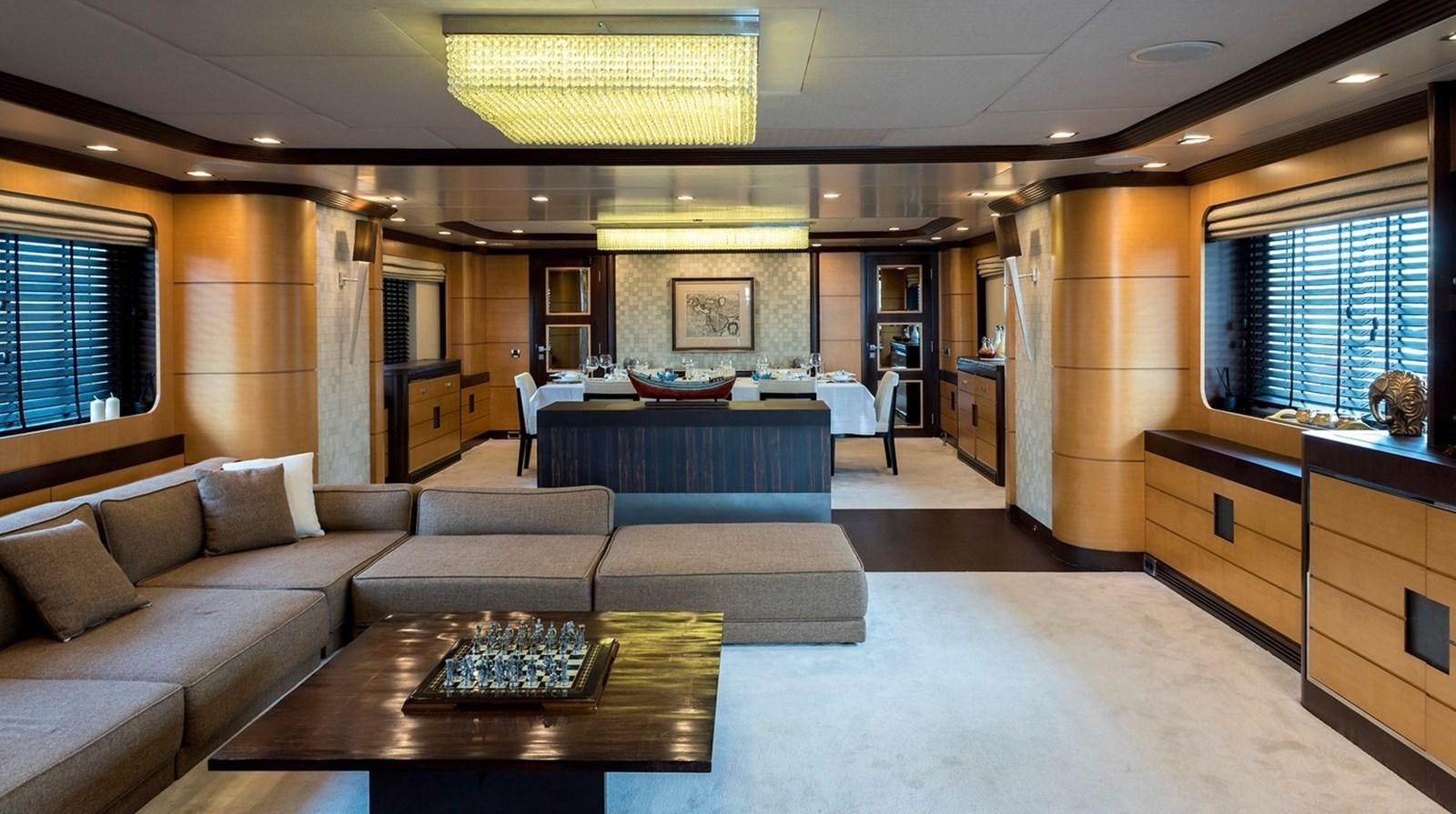 a large living room with a large open floor plan aboard SERENITY II Yacht for Sale