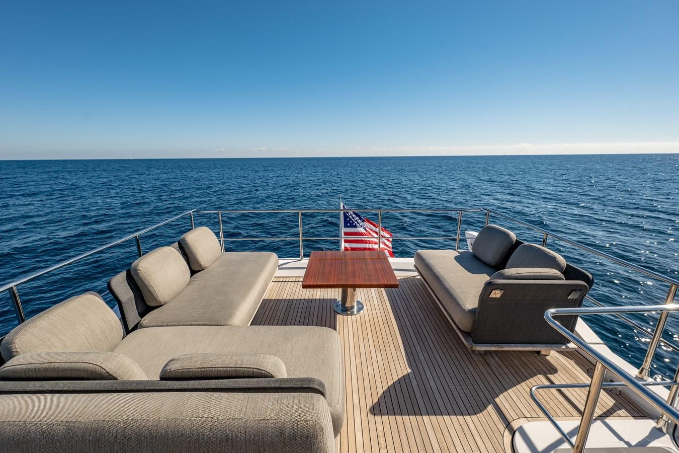 a deck with chairs and a flag on it aboard KNOT DIVORCE Yacht for Sale