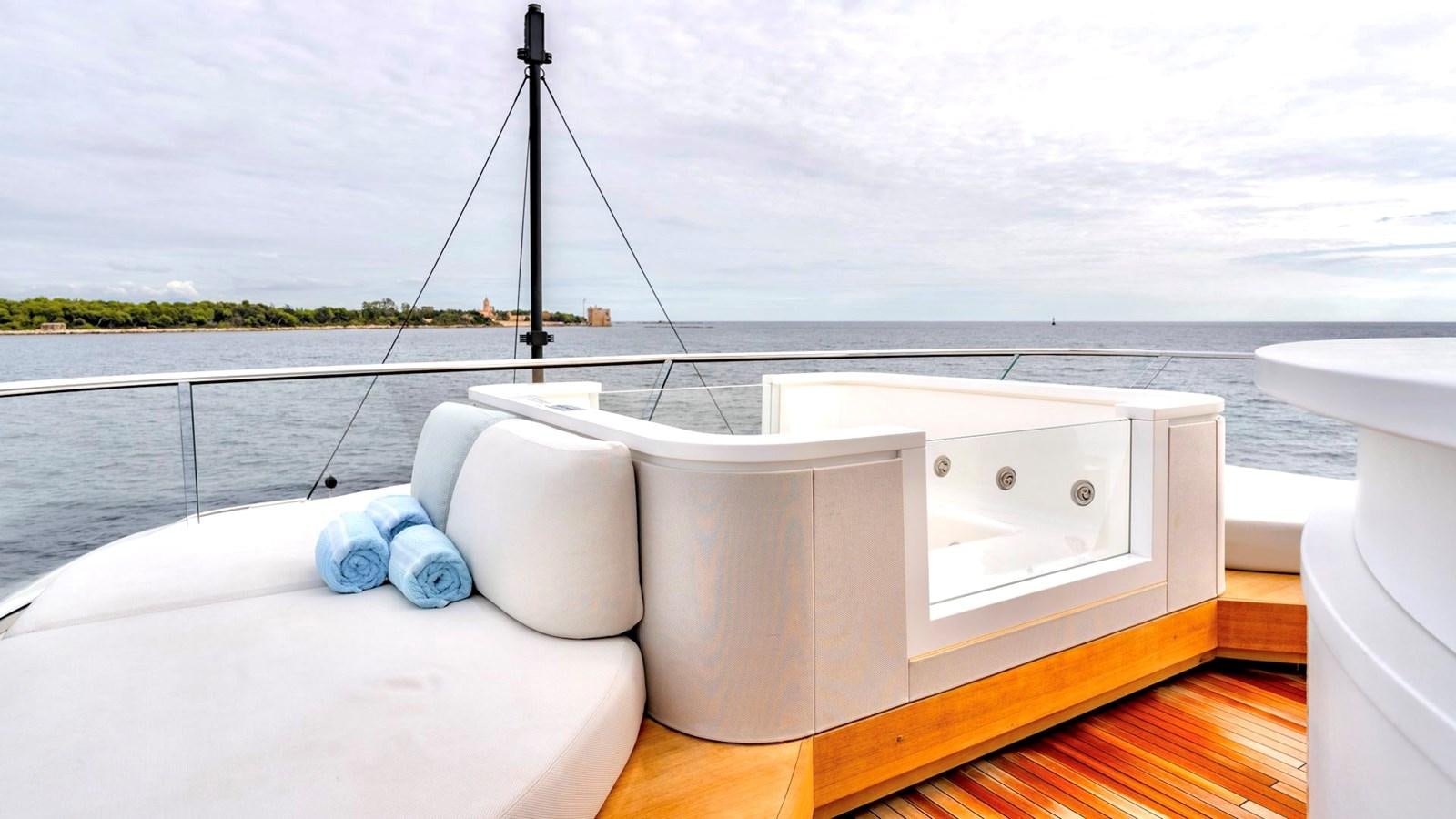 a white boat on a body of water aboard INS LAND Yacht for Sale