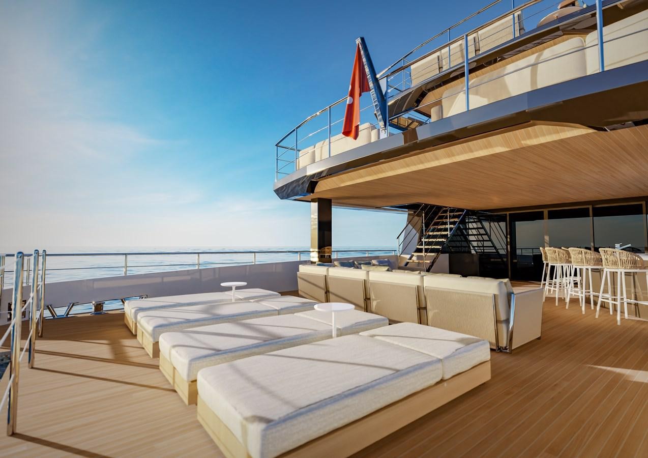a room with a bed and a deck aboard PICCOLO Yacht for Sale