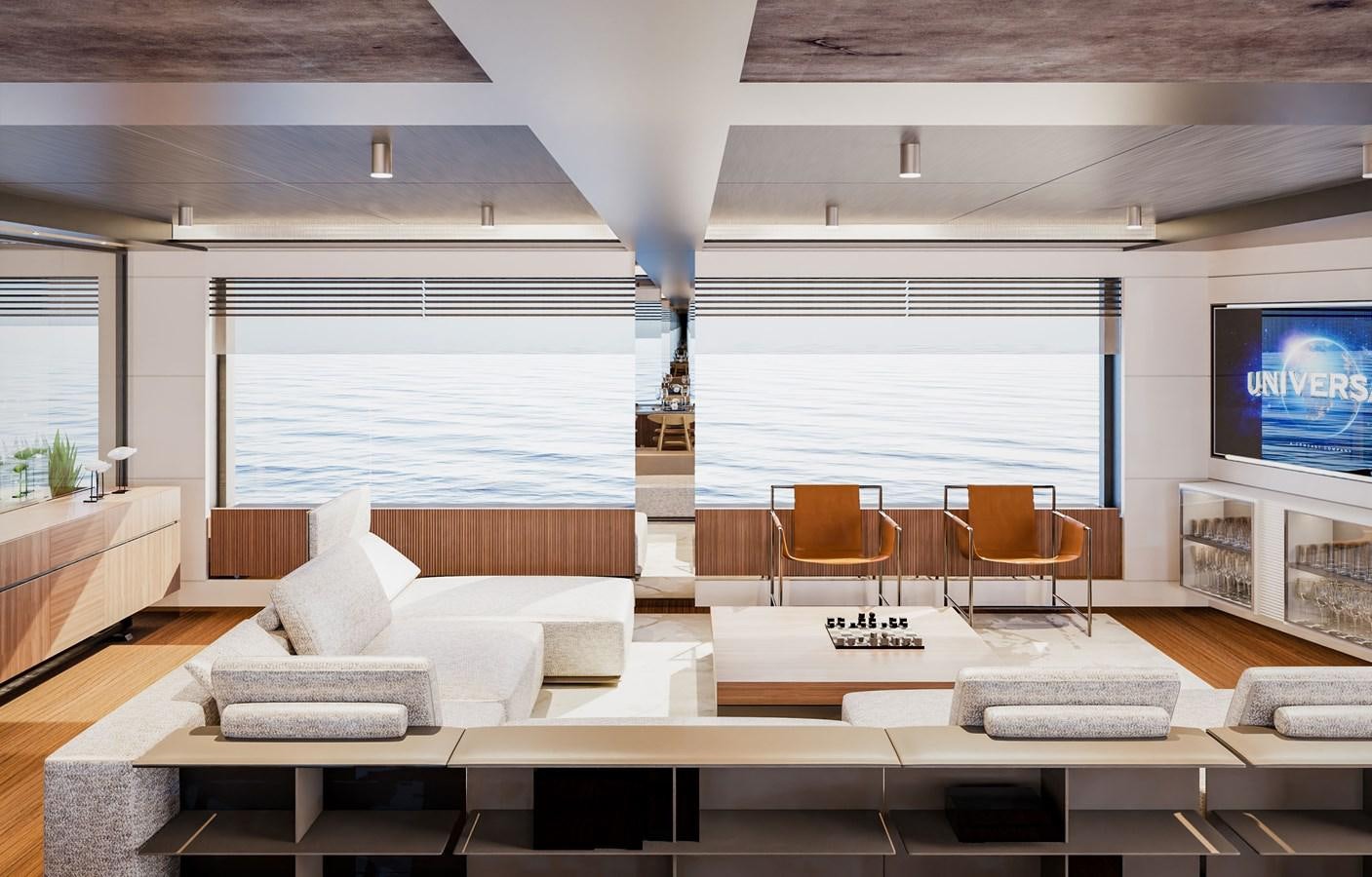 a living room with a large window aboard PICCOLO Yacht for Sale